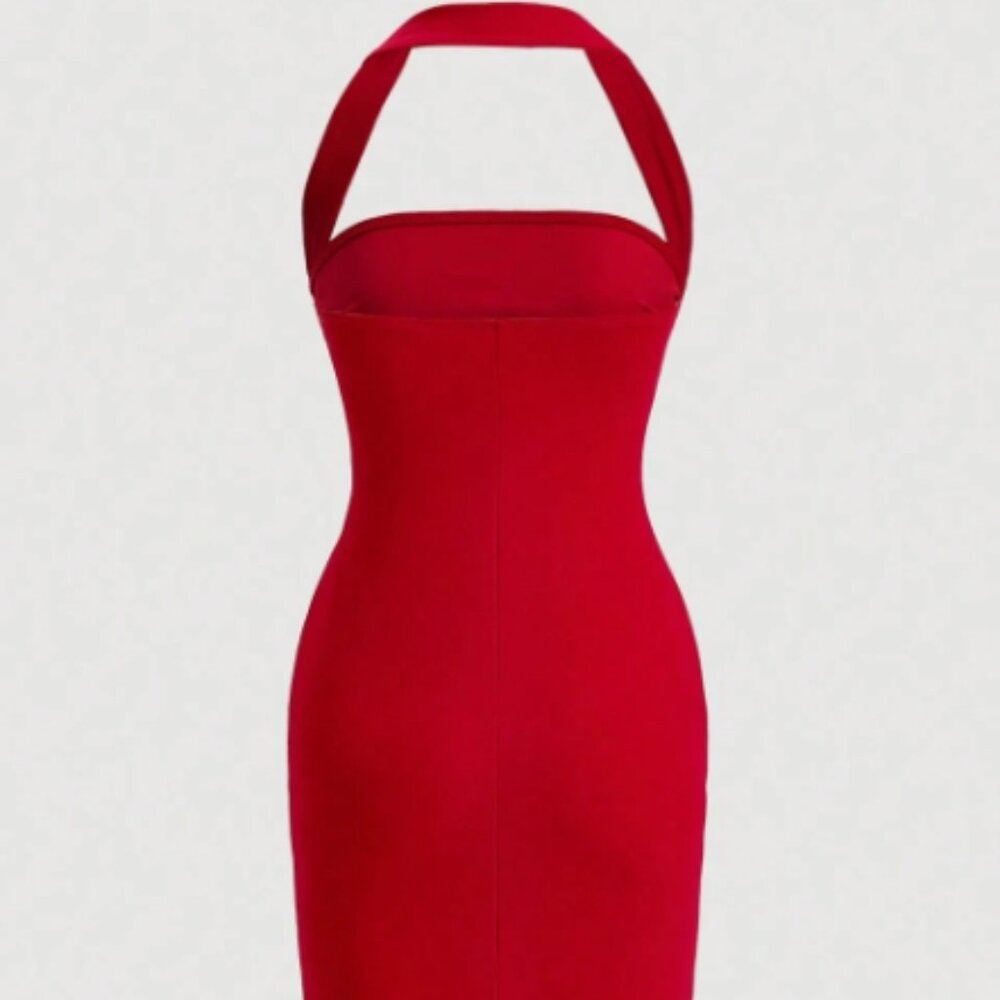 Red Solid Rushed Halter Neck Backless Bodycon Pencil Skirt Midi Dress